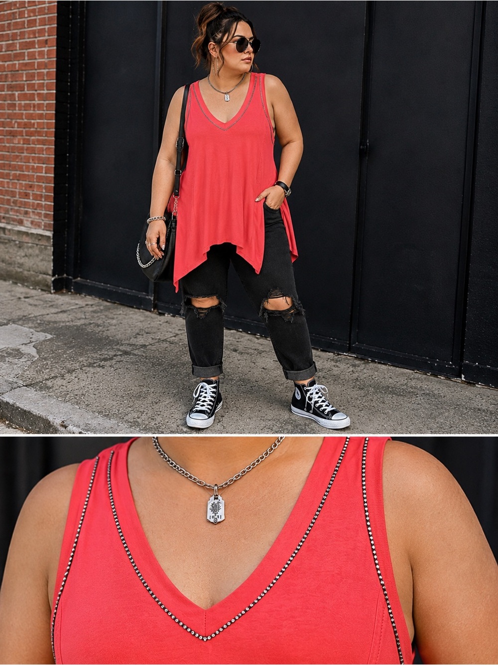 VOCAL Rhinestone Embellished Handkerchief Tunic Tank Top EUC